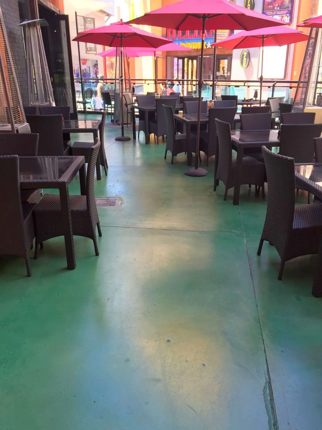 Green stained concrete restaurant bar patio at Universal CityWalk, Los Angeles