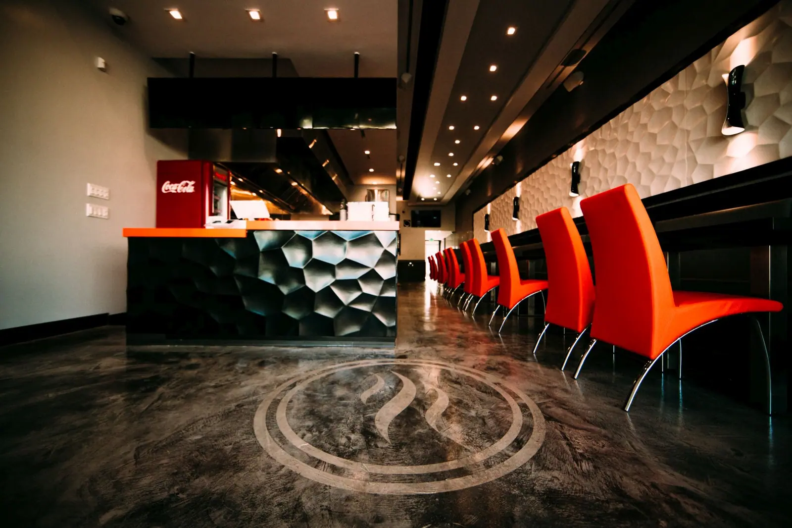 Stained concrete restaurant floor with urethane finish in Sherman Oaks, Los Angeles